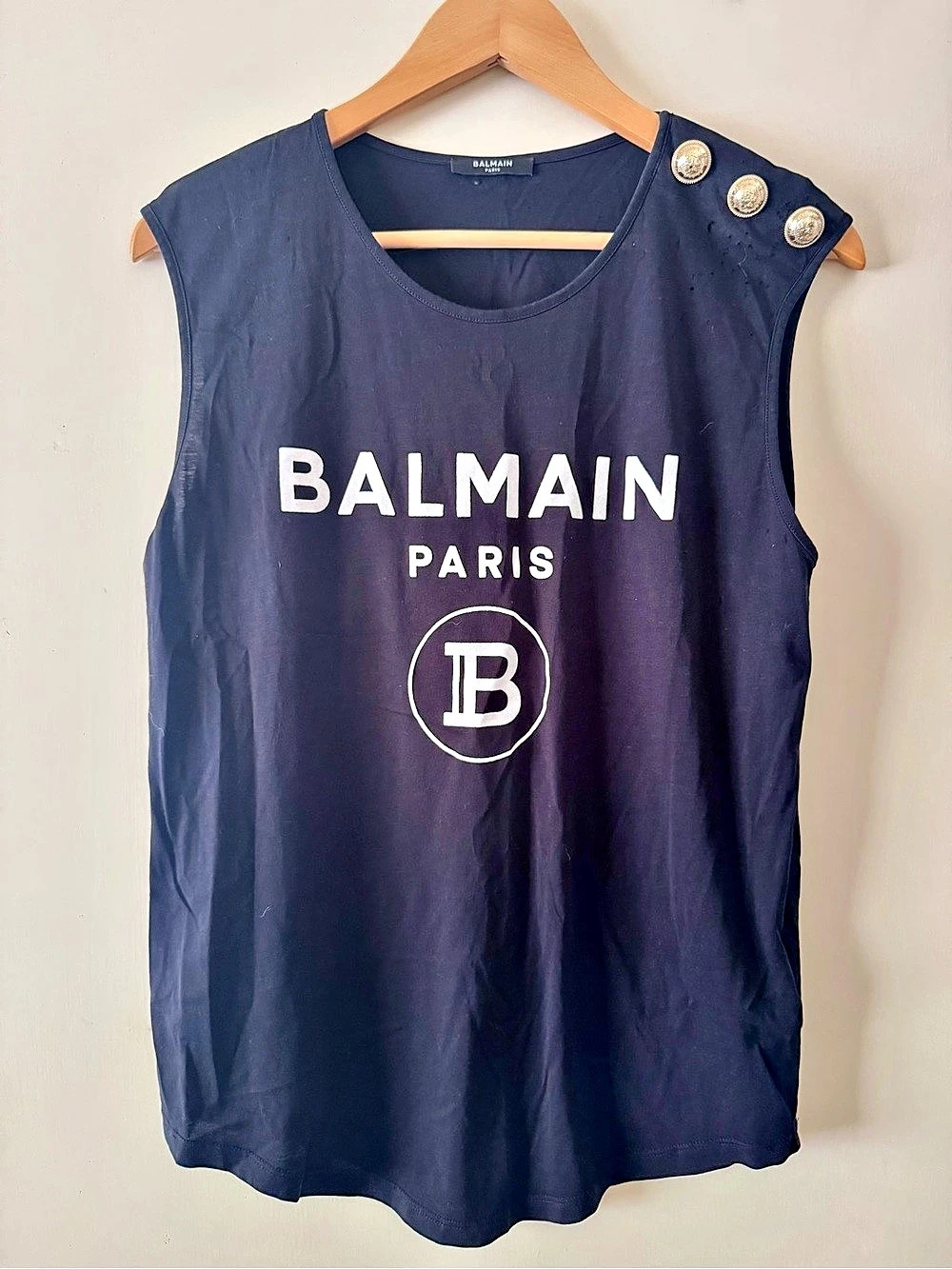 Authentic Balmain Logo-Print Button-Embellished Tank Top Black Medium
